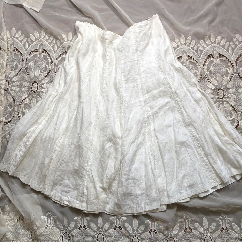 Lauren Ralph Lauren White 100% Linen A-Line Midi Skirt Women Size 14